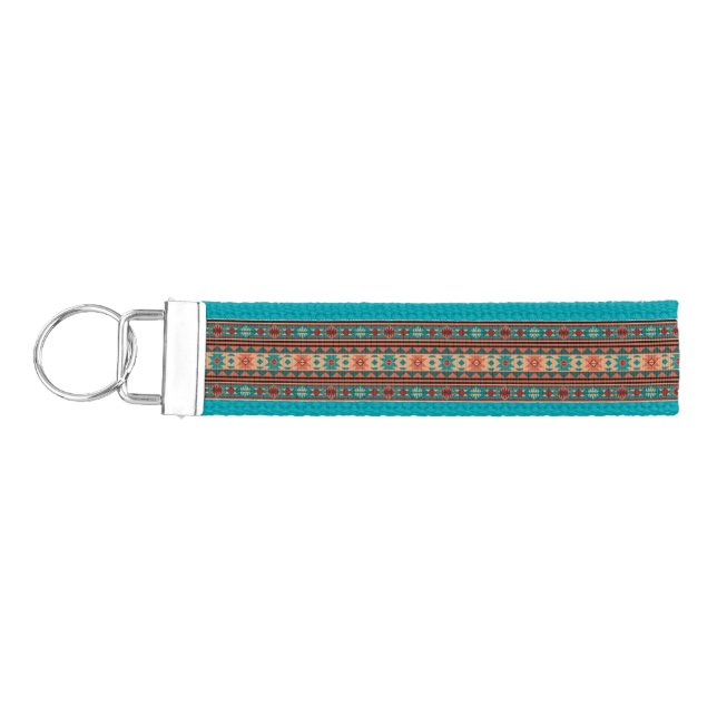 Southwest Tribal Pattern Turquoise Terracotta Wrist Keychain (Keys on Left)