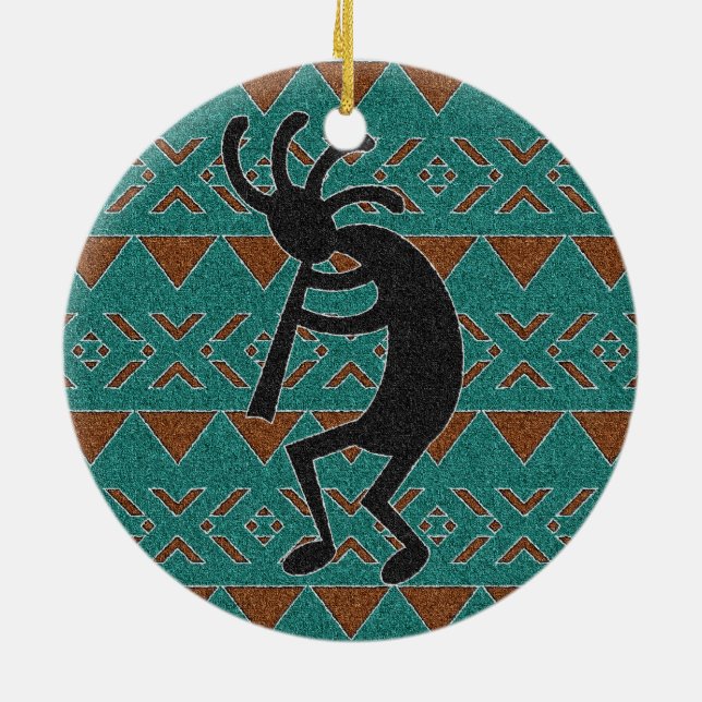 Southwest Turquoise Kokopelli Tribal Design Ceramic Ornament (Back)