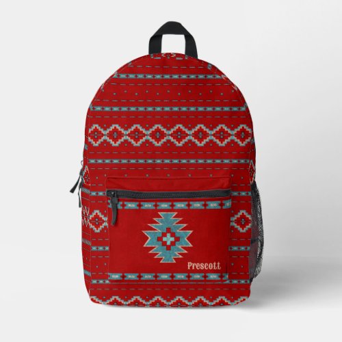 Southwest Turquoise  Red Geometric Mesas Monogram Printed Backpack