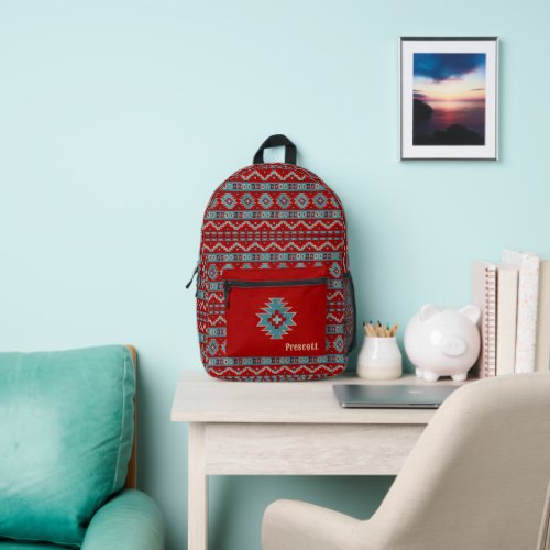 Southwest Turquoise  Red Geometric Monogram Printed Backpack
