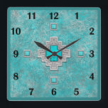 Southwest Turquoise Stone Geometric Basic Numbers Square Wall Clock<br><div class="desc">AVAILBLE WITH EITHER WESTERN OR REGULAR STYLE CLOCK FACE NUMBERS! Inspired by the beautiful Turquoise "Sky Stone" mined in the Southwest, this original design features a turquoise and silver-grey background accented with printed geometric patterns. Southwest, Santa Fe, desert, western or lodge style. Artellus Artworks™ features original art and designs which...</div>