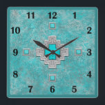 Southwest Turquoise Stone Geometric Basic Numbers Square Wall Clock<br><div class="desc">AVAILBLE WITH EITHER WESTERN OR REGULAR STYLE CLOCK FACE NUMBERS! Inspired by the beautiful Turquoise "Sky Stone" mined in the Southwest, this original design features a turquoise and silver-grey background accented with printed geometric patterns. Southwest, Santa Fe, desert, western or lodge style. Artellus Artworks™ features original art and designs which...</div>