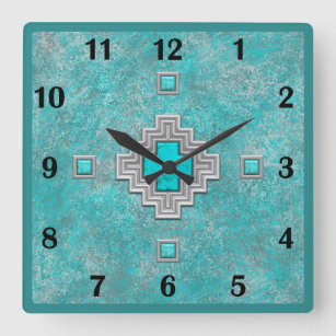 Southwest Turquoise Stone Geometric Basic Numbers Square Wall Clock