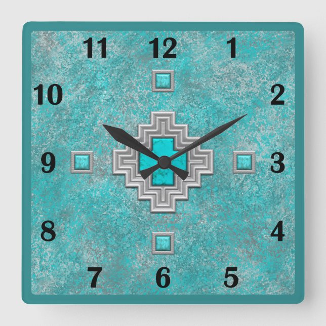 Southwest Turquoise Stone Geometric Basic Numbers Square Wall Clock (Front)