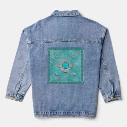 Southwest Turquoise Stone Geometric Design Denim Jacket
