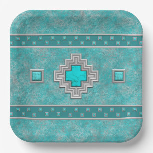 Southwest Turquoise Stone Geometric Design Paper Plates