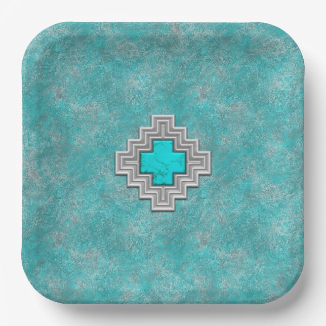 Southwest Turquoise Stone Geometric Design Paper Plates (Front)