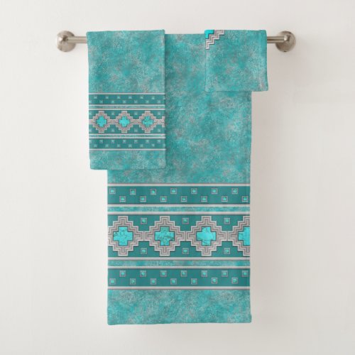 Southwest Turquoise Stone Geometric Pattern Bath Towel Set