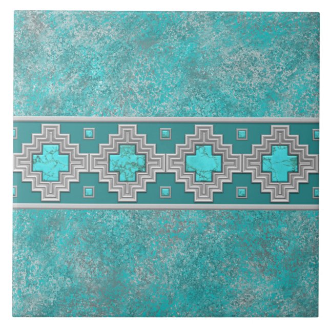 Southwest Turquoise Stone Geometric Pattern Ceramic Tile (Front)