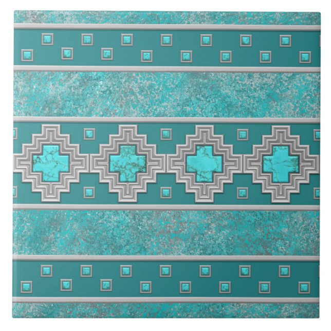 Southwest Turquoise Stone Geometric Pattern Ceramic Tile (Front)