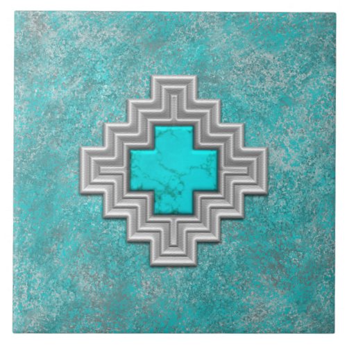 Southwest Turquoise Stone Geometric Pattern Ceramic Tile