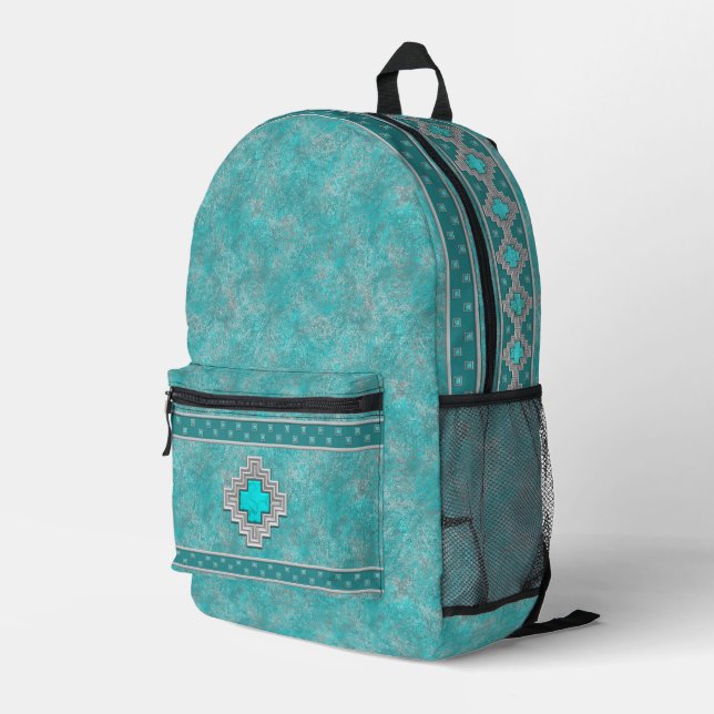 Southwest Turquoise Stone Geometric Pattern Printed Backpack (Back Corner Right)