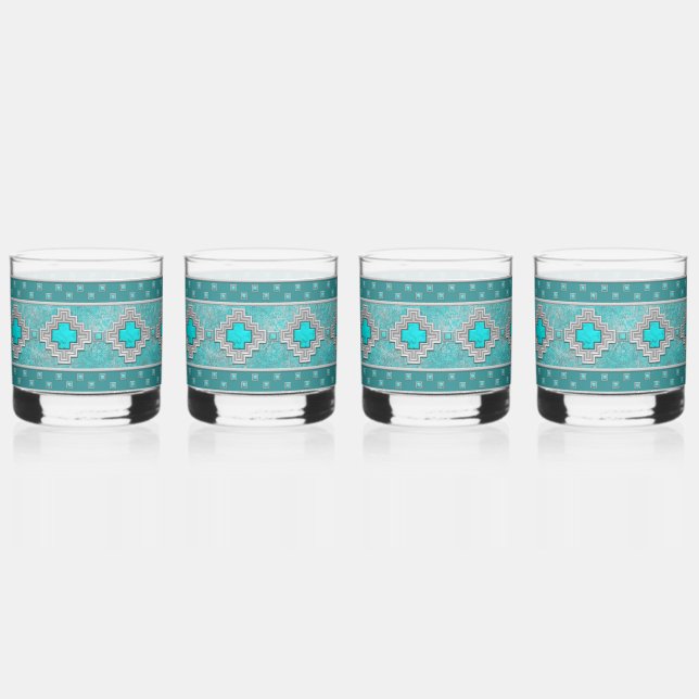Southwest Turquoise Stone Geometric Pattern Whiskey Glass (Front)