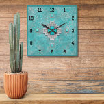 Southwest Turquoise Stone Geometric Western Style  Square Wall Clock<br><div class="desc">AVAILBLE WITH EITHER WESTERN OR REGULAR STYLE CLOCK FACE NUMBERS! Inspired by the beautiful Turquoise "Sky Stone" mined in the Southwest, this original design features a turquoise and silver-grey background accented with printed geometric patterns. Southwest, Santa Fe, desert, western or lodge style. Artellus Artworks™ features original art and designs which...</div>