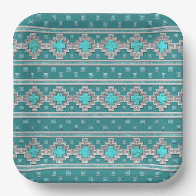 Southwest Turquoise Stones Geometric Print Paper Plates (Front)