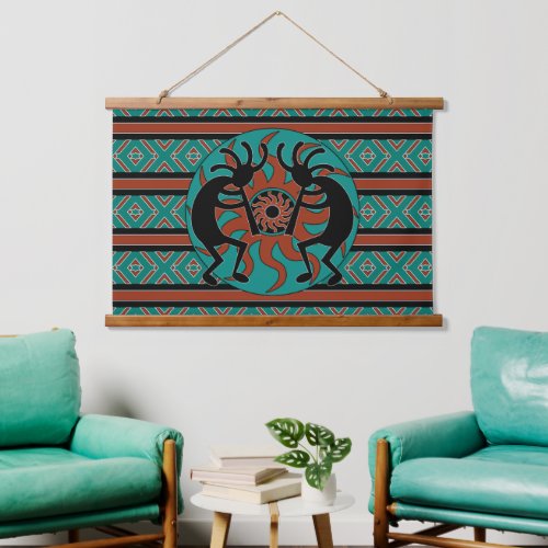 Southwest Turquoise Tribal Sun Kokopelli Hanging Tapestry