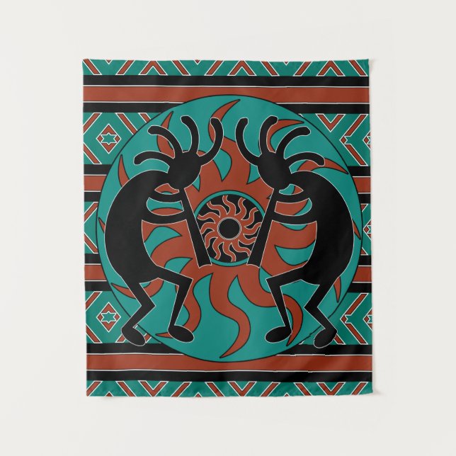Southwest Turquoise Tribal Sun Kokopelli Tapestry (Front)