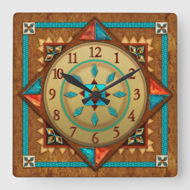 Southwest Unique and Colorful Designer Square Wall Clock (Front)