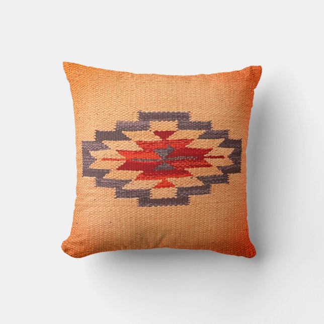 Southwest Weave Print, Amber, Blue and Red Throw Pillow (Front)