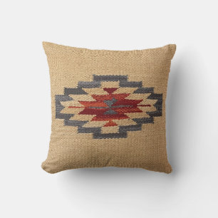 Southwest Weave Print, Wheat, Blue and Red Throw Pillow