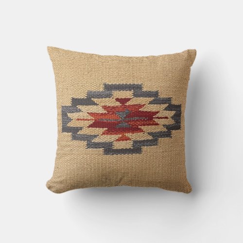 Southwest Weave Print Wheat Blue and Red Throw Pillow