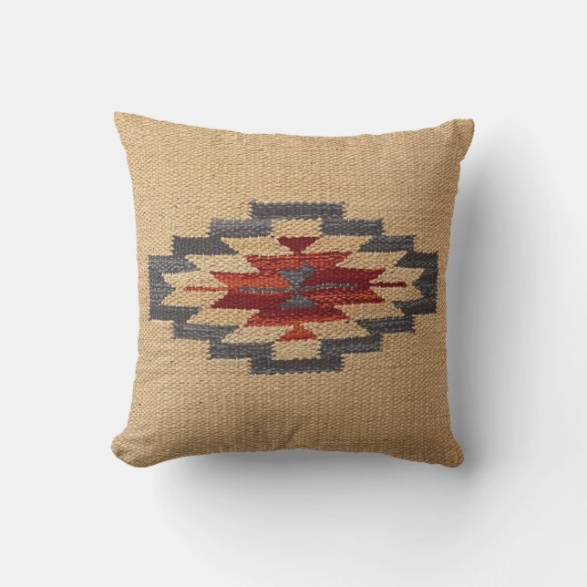 Southwest Weave Print, Wheat, Blue and Red Throw Pillow (Front)