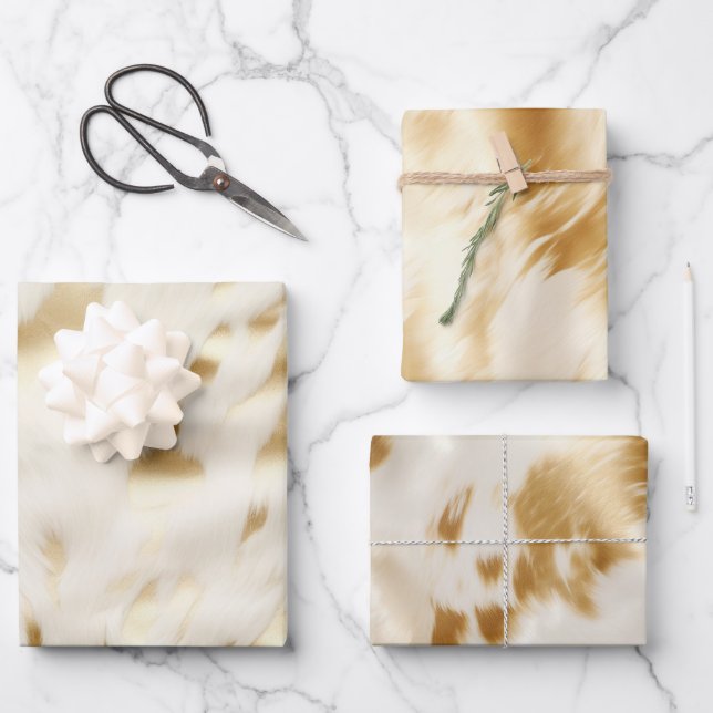 Southwest Western Gold White Cowhide  Wrapping Paper Sheets (Front)