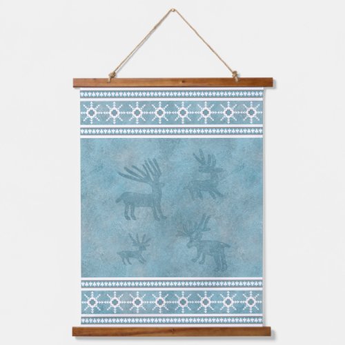 Southwest Winter Deer and Blue Geometric Patterns Hanging Tapestry