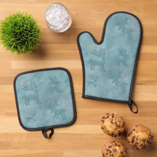 Southwest Winter Deer Petroglyphs Blue Oven Mitt  Pot Holder Set