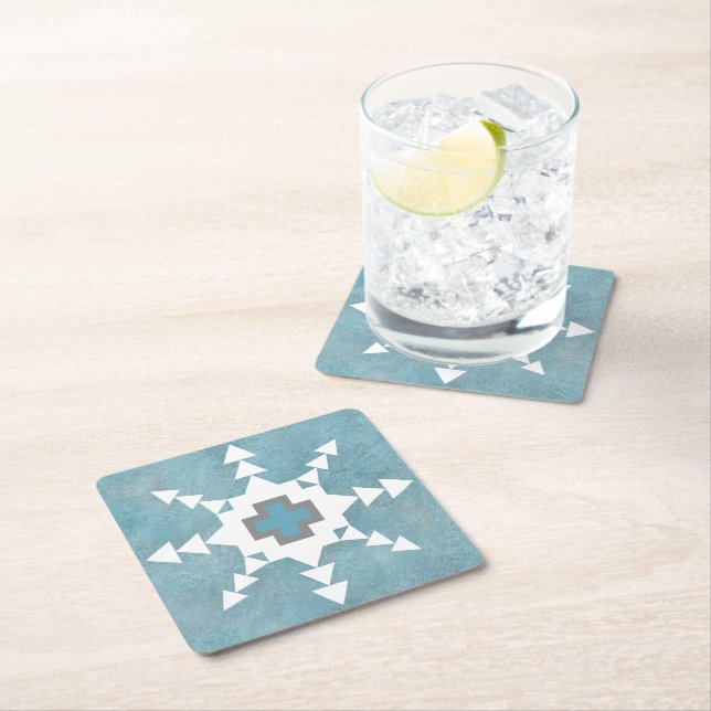 Southwest Winter Geometric Snowflake Design Square Paper Coaster (Insitu)