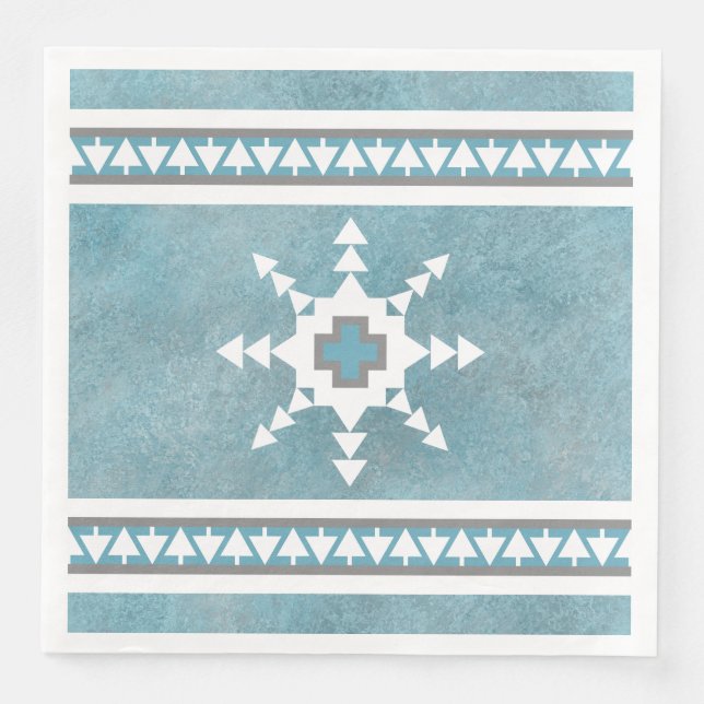 Southwest Winter Geometric Snowflakes Blue Paper Dinner Napkins (Front)