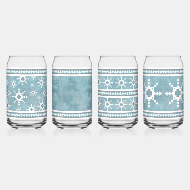 Southwest Winter Snowflakes & Deer Assorted Set Can Glass (Front)