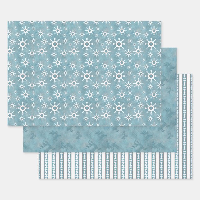 Southwest Winter Snowflakes Deer Pines Pattern Wrapping Paper Sheets (Set)