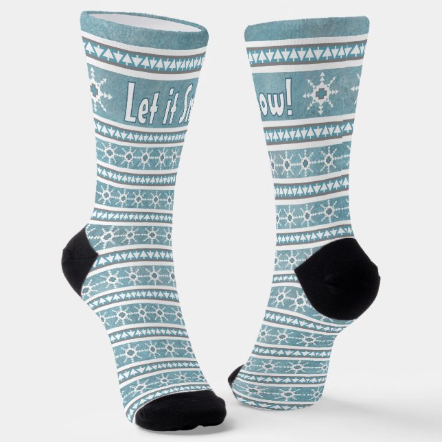 Southwest Winter Snowflakes Fun Personalized Blue Socks (Angled)