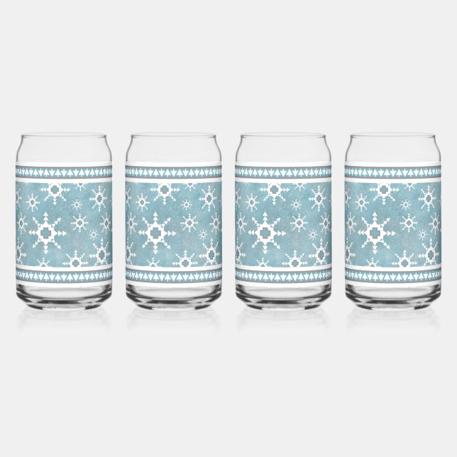 Southwest Winter Snowflakes Pattern Blue and White Can Glass (Front)