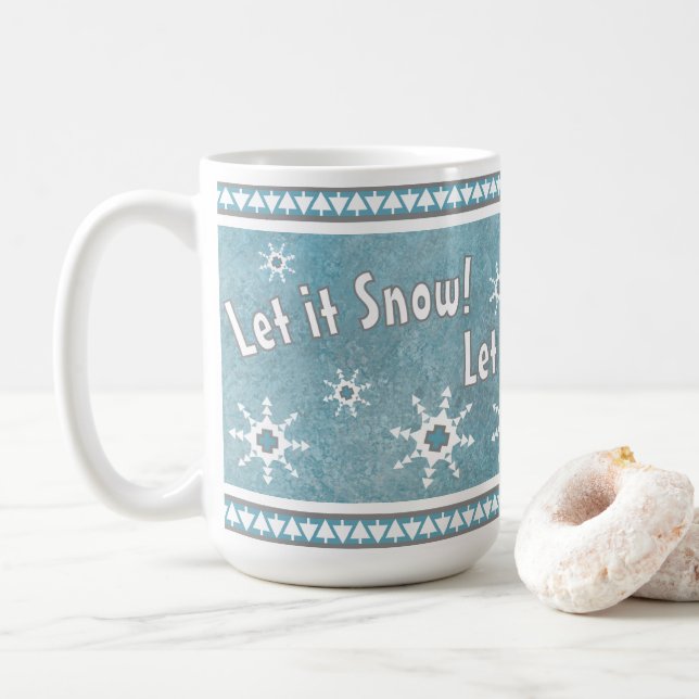 Southwest Winter Snowflakes Personalized Blue Coffee Mug (With Donut)