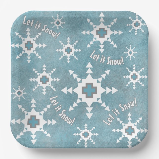 Southwest Winter Snowflakes & Pine Trees Blue Paper Plates (Front)