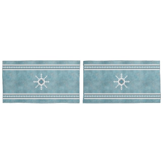 Southwest Winter Snowflakes & Pine Trees Blue Pillow Case (Front-Set)