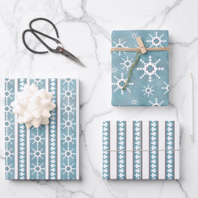 Southwest Winter Snowflakes & Pine Trees Blue Wrapping Paper Sheets (Front)