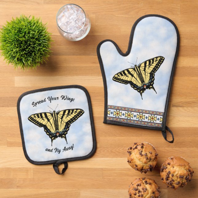 Southwest Yellow Butterfly Personalized Oven Mitt & Pot Holder Set (Top Down)