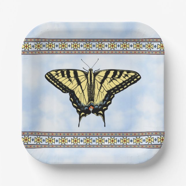 Southwest Yellow Swallowtail Butterfly Blue Sky Paper Plates (Front)