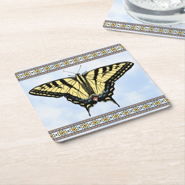 Southwest Yellow Swallowtail Butterfly Blue Sky Square Paper Coaster (Angled)