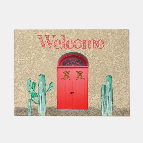 Southwestern Arched Red Doors Saguaro Cactus Doormat