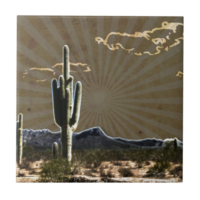 southwestern art Desert  succulent Saguaro Cactus Tile (Front)