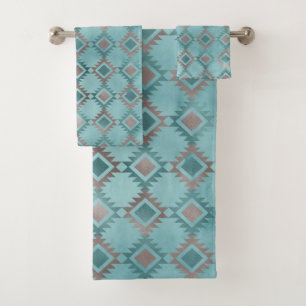 Southwestern Aztec Blue Gold Diamond Pattern Bath Towel Set