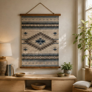 Southwestern Aztec Rug Blue, Brown & Cream Rustic Hanging Tapestry