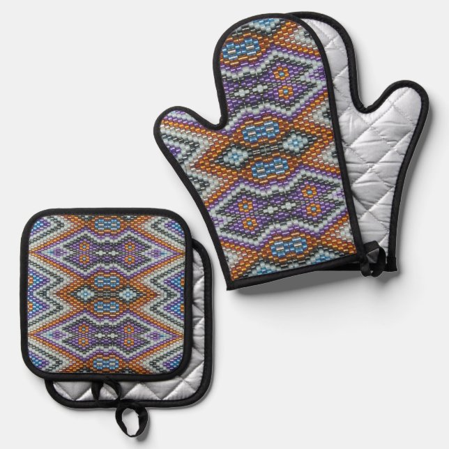 Southwestern Bead Art Oven Mitt & Pot Holder Set (Front/Back)