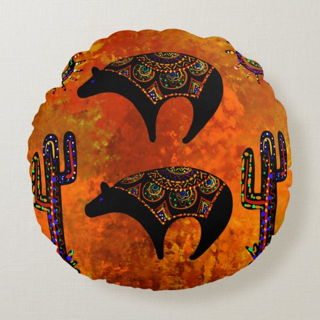 Southwestern Bear Art Round Pillow (Front)