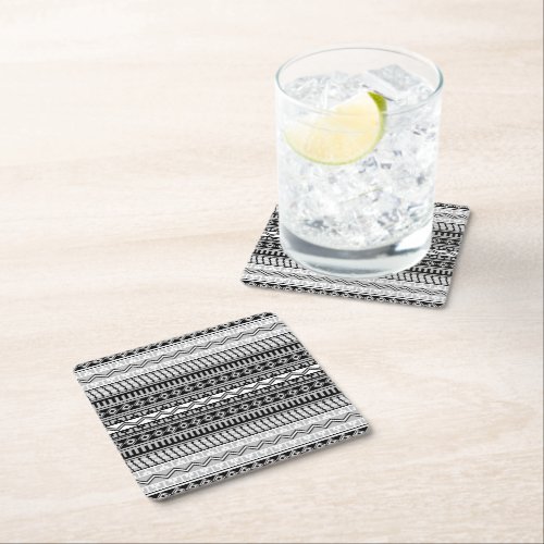 Southwestern Black and White and Gray Geometric Square Paper Coaster