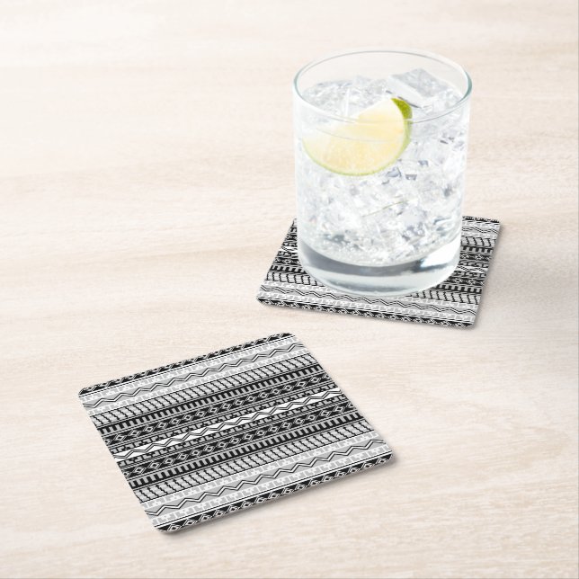 Southwestern Black and White and Gray Geometric Square Paper Coaster (Insitu)